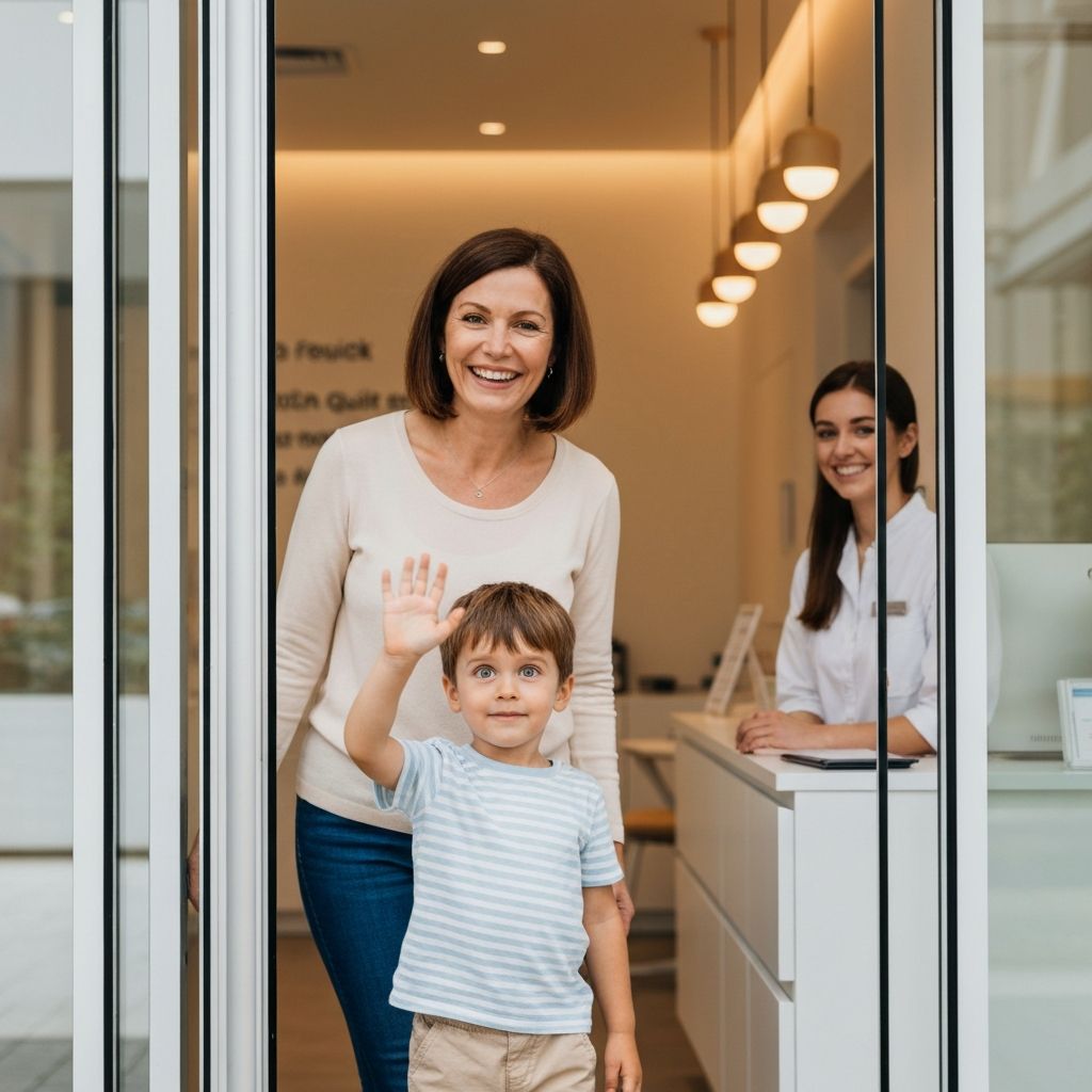 Happy family leaving dental clinic